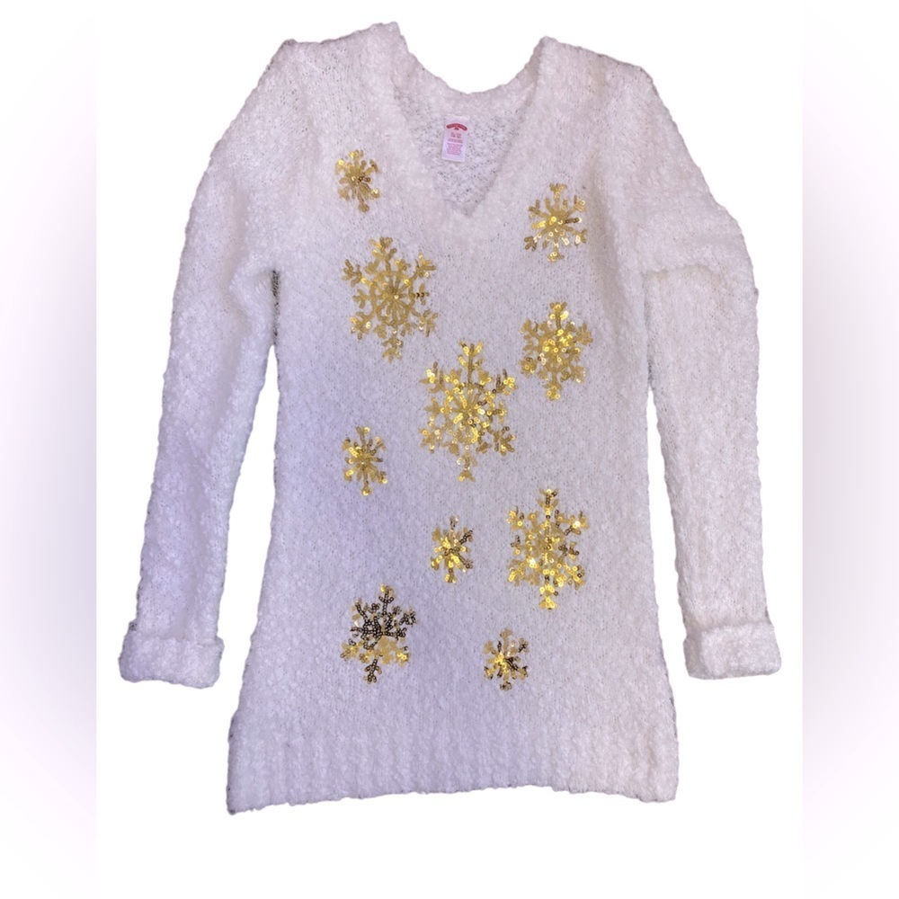 Holiday Time White Sweater with Gold Snowflakes